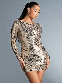 SHEIN BAE 女士閃亮連身裙 - 香檳色 - 查看 1