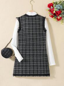 Cô gái Kẻ sọc Đầm Và Màu thuần Áo 2 Miếng Quần áo Bộ - màu đen - Xem 2