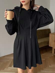 FRIFUL Women's Plain Drawstring Hooded Pleated Dress - Black - View 4