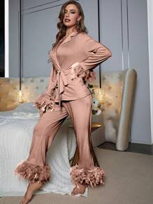 Fuzzy Decorated Belted Pajama Set, Vacation