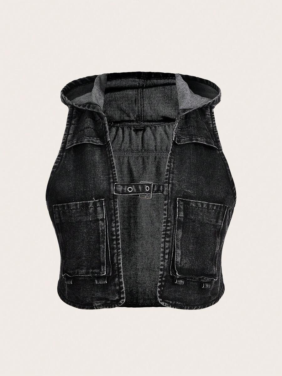 ROMWE PUNK Plus Pocket Patched Denim Vest Top Without Tee - Black - View 1