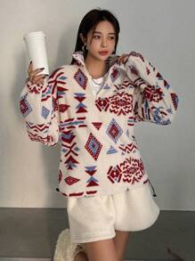 DAZY Women's Geometric Pattern Zipper Half Placket Sweatshirt,Thermal Lined Fall,Winter - Multicolor - View 3
