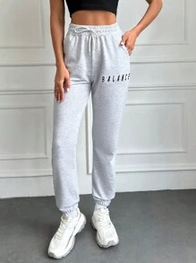 EURMUSE Đồ họa Chữ cái Eo dây rút Quần thể thao - Màu Xám nhạt - Xem 1