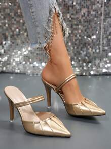 法式高跟女鞋，新款金色夏季优雅亮片尖头凉鞋，性感设计，适合休闲、约会、通勤、商务派对、活动等场合，优雅时尚，穆勒鞋 - 金色 - 查看 4