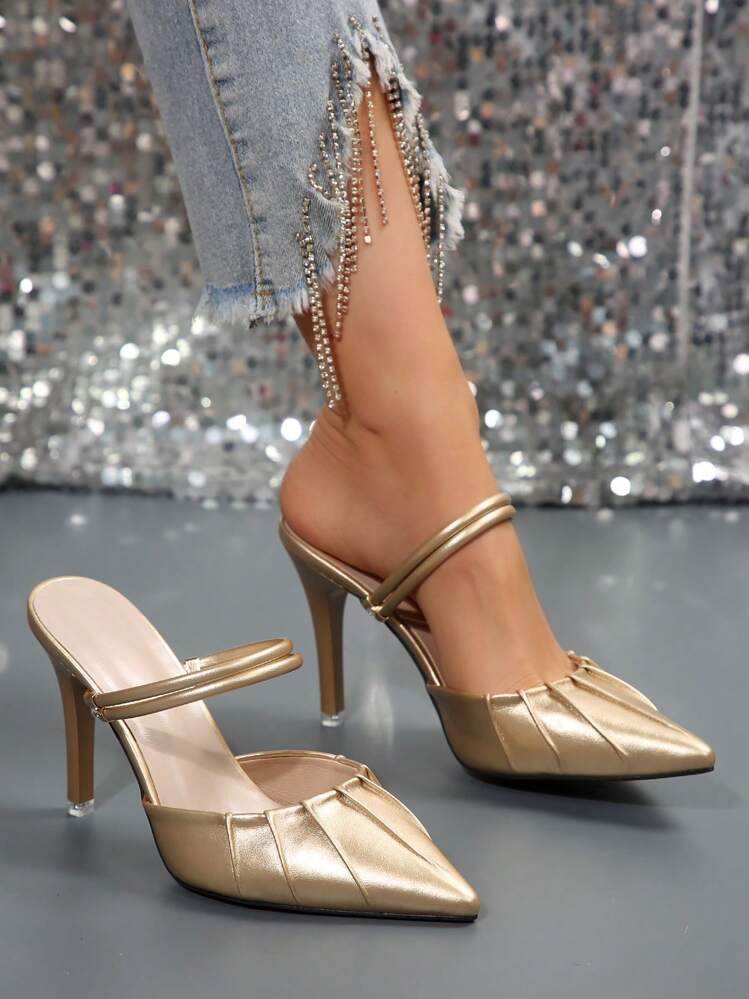 Décolleté con tacco alto stile francese per donna, nuovi sandali eleganti con punta a punta e cinturino con paillettes color oro adatti per l'estate, design sexy adatto per casual, appuntamenti, pendolarismo, feste aziendali, eventi, eleganti, mules - Dorato - Visualizzare 4