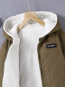 青少年男孩用字母拼接teddy毛裡套袋式袋帽拼接夾棉夾克