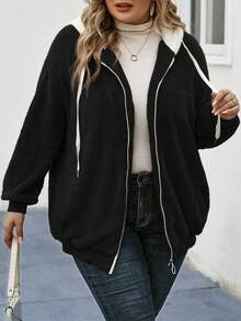 SHEIN LUNE Plus Size Women's Drawstring Hooded Jacket - Black - View 3