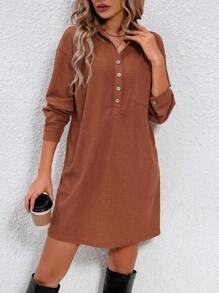 SHEIN LUNE Ladies' Half-button Placket Dress - Coffee Brown - View 4
