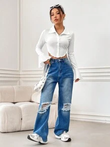 SHEIN EZwear Của phụ nữ Quần skinny Áo sơ mi Với chuông - trắng - Xem 5
