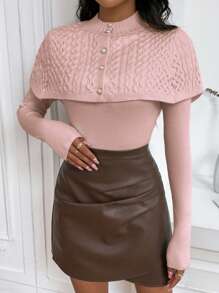 SHEIN Privé Women's 2 In 1 Buttoned Poncho And Sweater - Pink - View 6