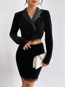 SHEIN Privé 天鵝絨閃亮鑲嵌蕾絲女士短款西裝外套 - 黑色 - 查看 1