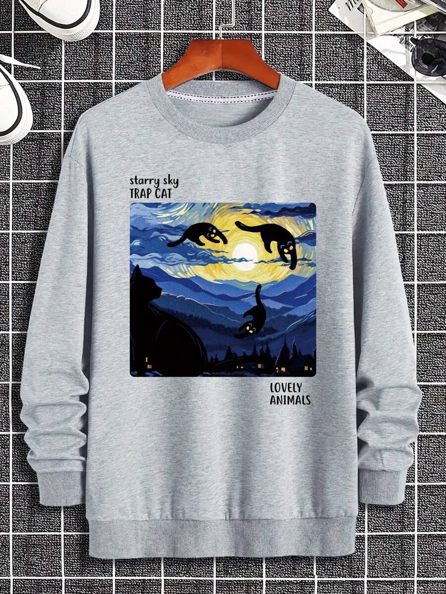 男士貓字母圖案下肩絨毛衣 - 灰色 - 查看 1