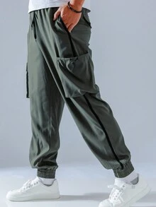 多口袋男士戶外工裝褲 - 綠色 - 查看 3