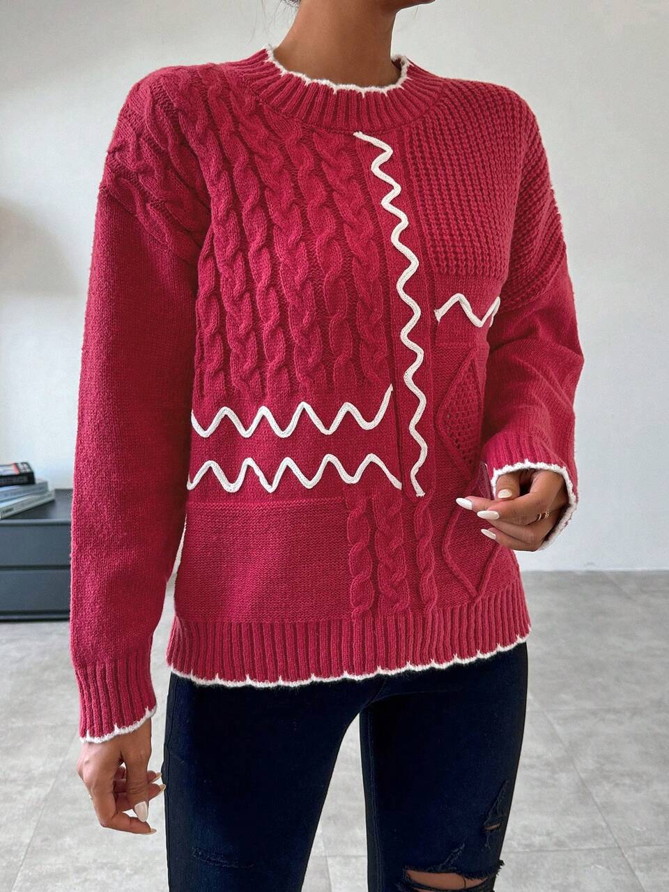 Contrasting Edge Cable Knit Pullover Fall Winter Sweater