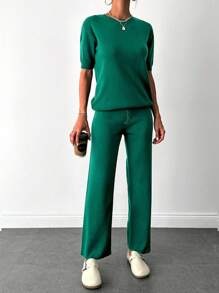 EURMUSE Solid Knit Top & Knit Pants - Dark Green - View 5