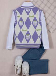 SHEIN 小女孩草莓和鑽石圖案無袖毛衣背心,不含襯衫 - 紫色 - 查看 2