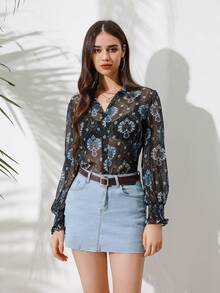 SHEIN VCAY Floral Printed Long Sleeve Mesh Sheer Blouse - Multicolor - View 4