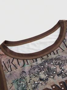 ROMWE Grunge Punk 女式复古人物印花背心 狂野，学校 - 咖啡棕 - 查看 3