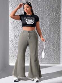 SHEIN EZwear 大尺碼女式放鬆版型牛仔褲,星星補丁和毛邊造型 - 軍綠色 - 查看 4