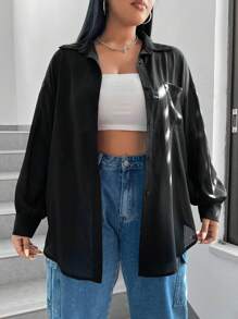 SHEIN EZwear Black Woven Loose Casual Women's Shirt - Black - View 1