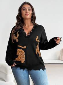 Flirla Plus Size Women's Lion Pattern Sweater Pullover Knit Pullover Fall Winter Sweater - Multicolor - View 5