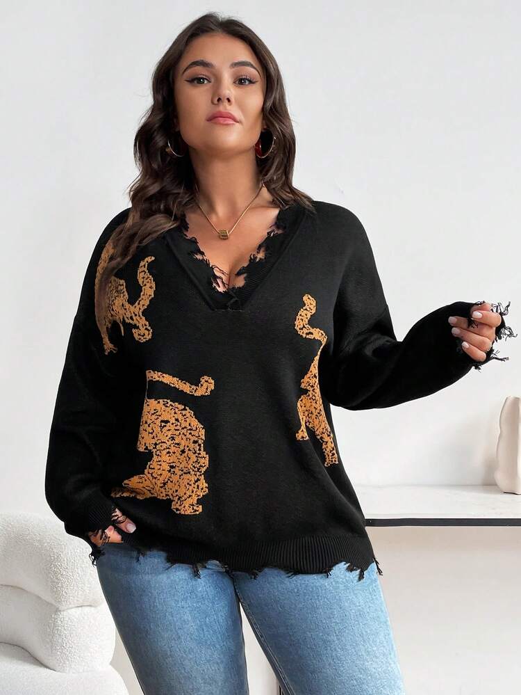 Plus Size Women's Lion Pattern Sweater Pullover Knit Pullover Fall Winter Sweater