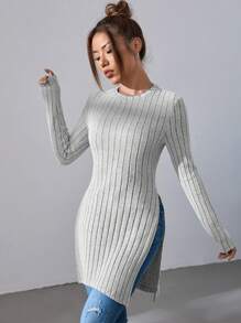 SHEIN Essnce Women's Solid Color Ribbed Slit Long Sleeve T-shirt - Grey - View 5