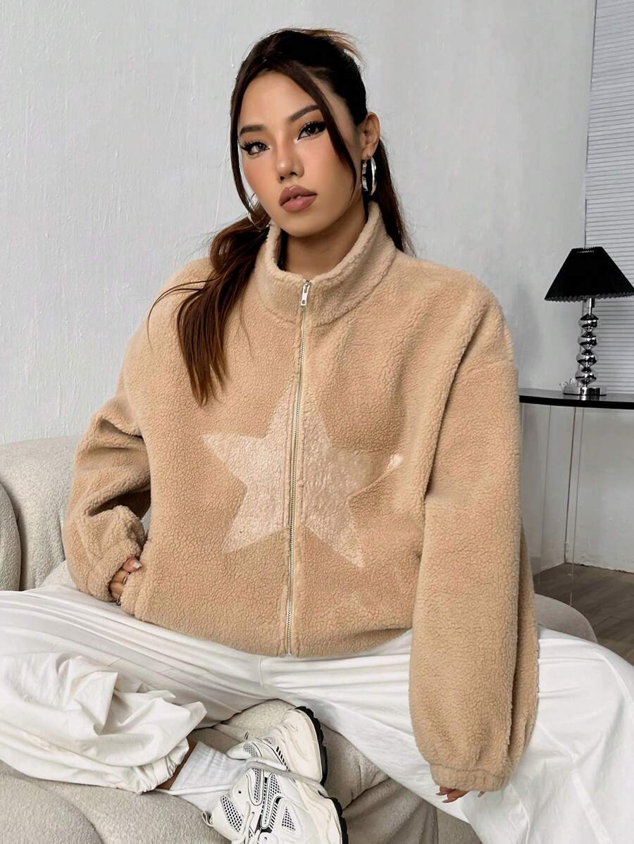 Flirla Chaquetilla De Cremallera Frontal Con Patrón De Estrellas Para Mujer