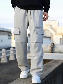Manfinity Homme 宽松男士休闲直筒拉链工装裤 - 淺灰色 - 查看 6