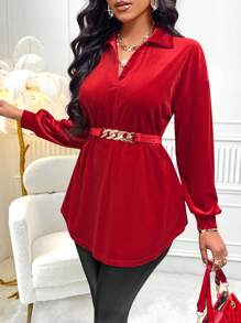 落肩袖弧形下擺腰帶襯衫 - 紅色 - 查看 1