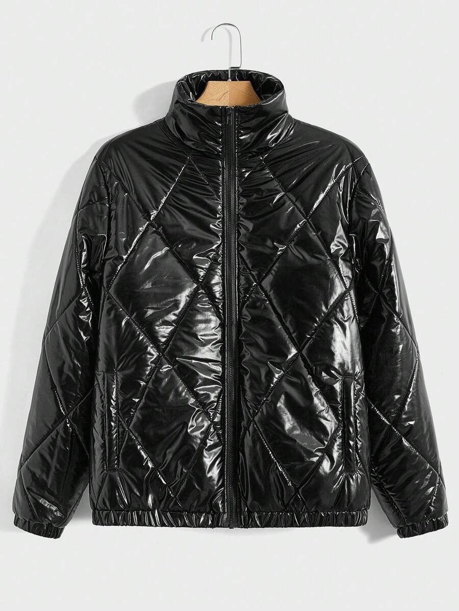 Manfinity VCAY 1 Peça Jaqueta Casual Masculina Solta Com Zíper e Manga Longa Acolchoada - Preto - Visão 1