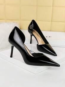 歐美風時尚簡約細高跟漆皮尖頭鏤空高跟鞋 - 黑色 - 查看 2