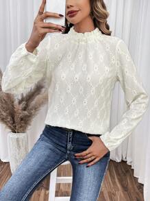 SHEIN Frenchy Women's Lantern Sleeve Shirt With Hollow Out Embroidery, Back Button Detail - Apricot - View 4