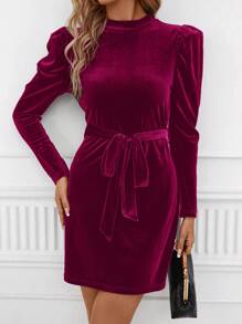 SHEIN Clasi 羊腿袖腰帶半高領天鵝絨連身裙 - 中紫紅色 - 查看 5