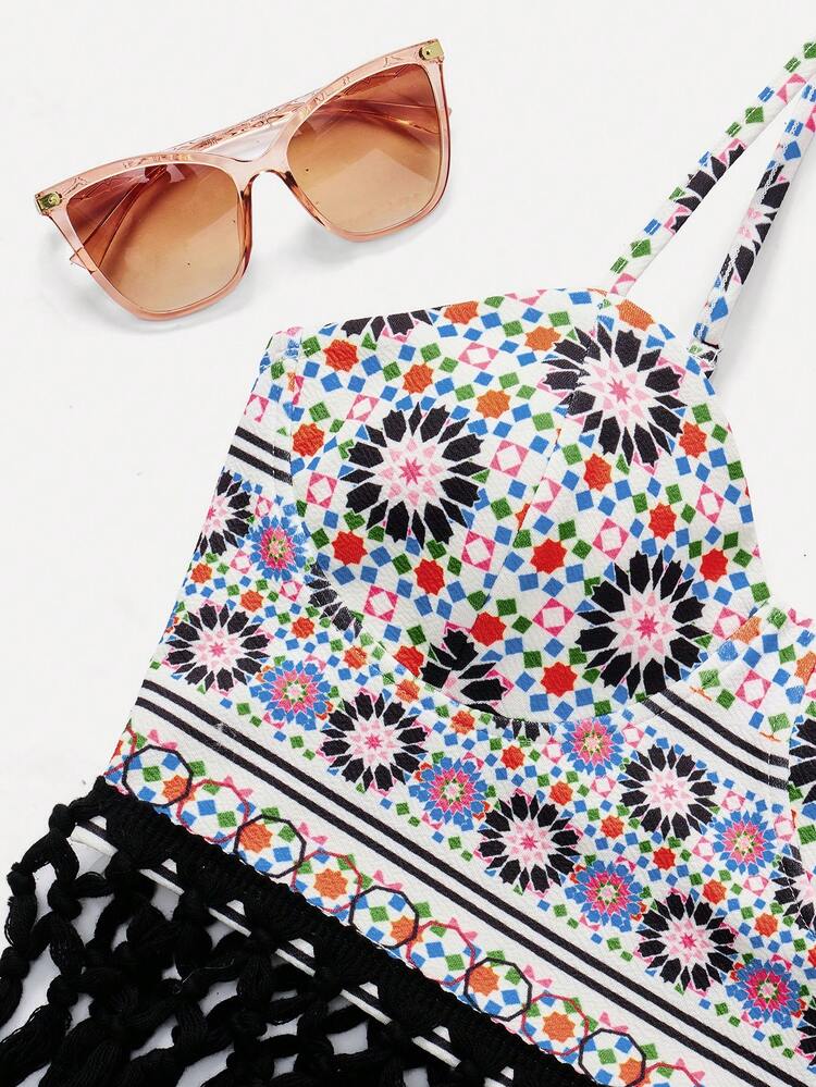 Women's Geometric Print Cami Top With Tassel Hem