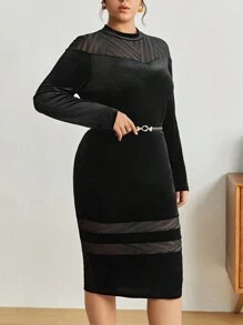 BizChic Plus Contrast Mesh Velvet Top & Skirt Without Belt