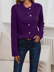 SHEIN Essnce 女士單排釦落肩開衩前短後長針織外套 - 紫色 - 查看 4
