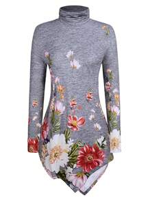 SHEIN LUNE 女款大尺碼花卉印花立領不對稱下擺 T 卹 - 彩色 - 查看 1