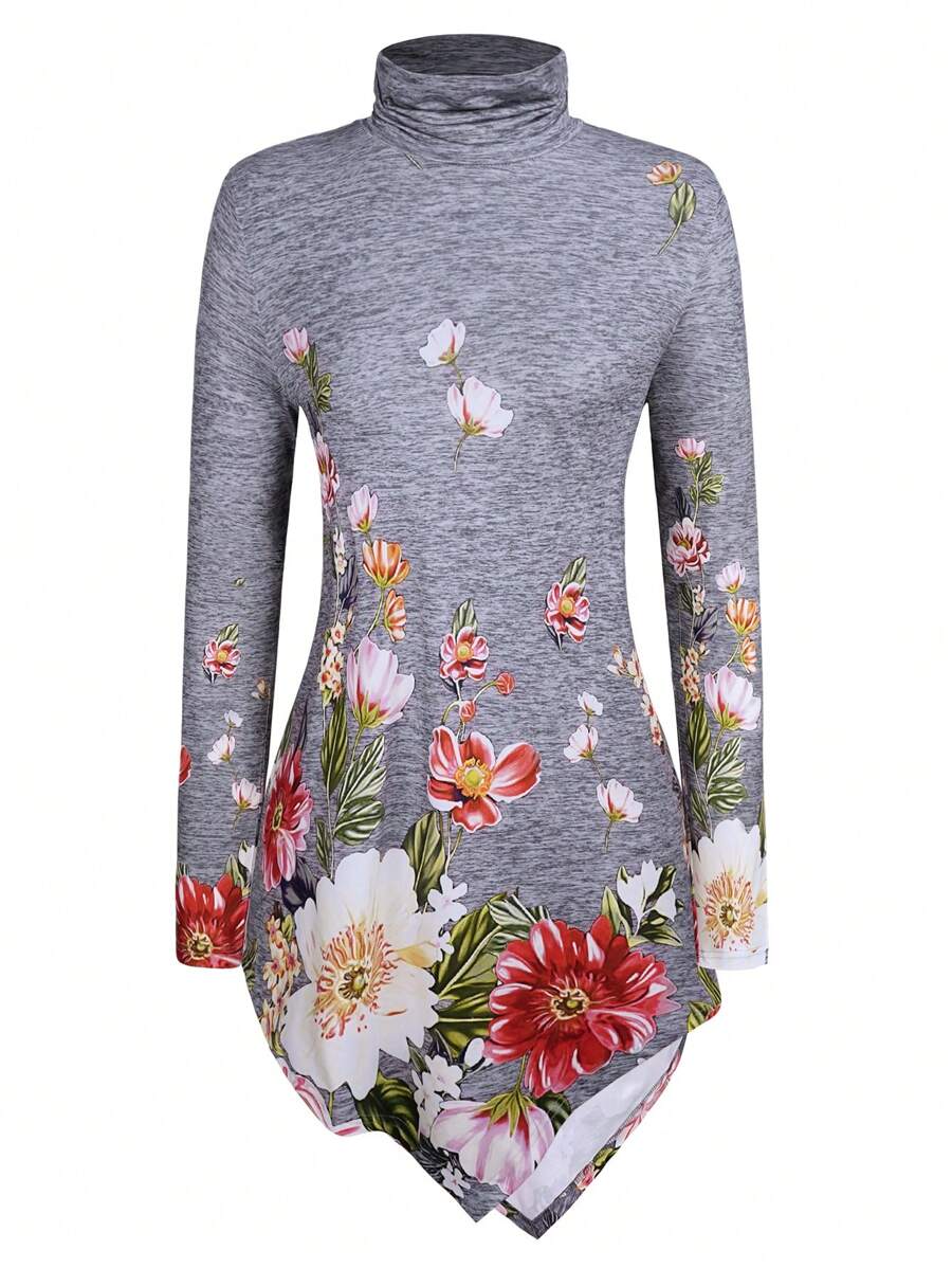 SHEIN LUNE 女款大尺碼花卉印花立領不對稱下擺 T 卹 - 彩色 - 查看 1