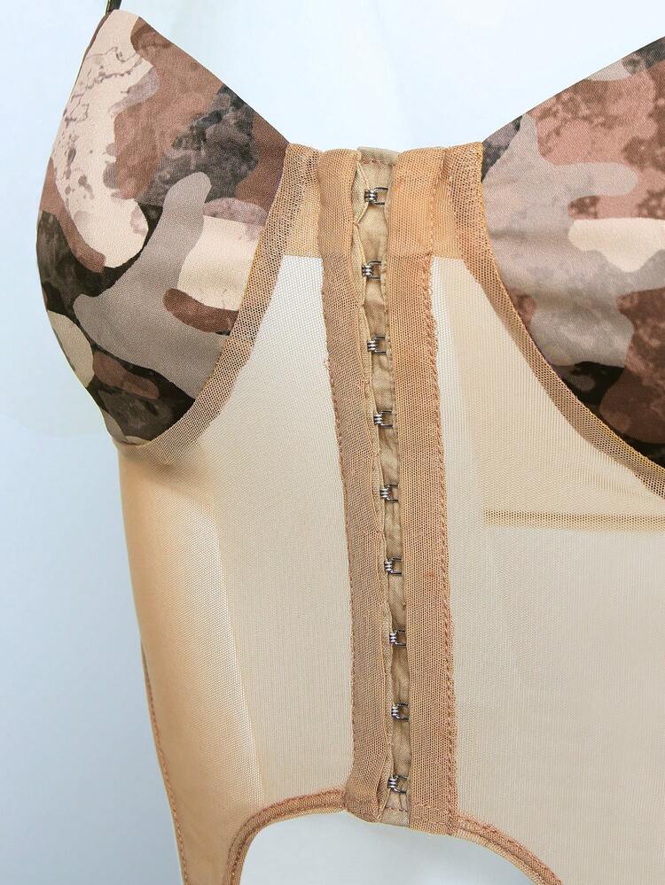 Camo Print Mesh Top & Panel Skirt Two Piece Set