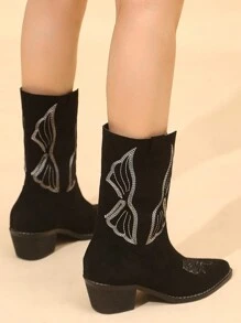 Styleloop 時尚刺繡設計短筒女靴，厚低跟牛仔女靴 - 黑色 - 查看 4