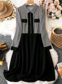 SHEIN LUNE Của phụ nữ Kích thước lớn Đồ họa Houndstooth Dây kéo mặt trước Váy sơ mi - Đen và trắng - Xem 1