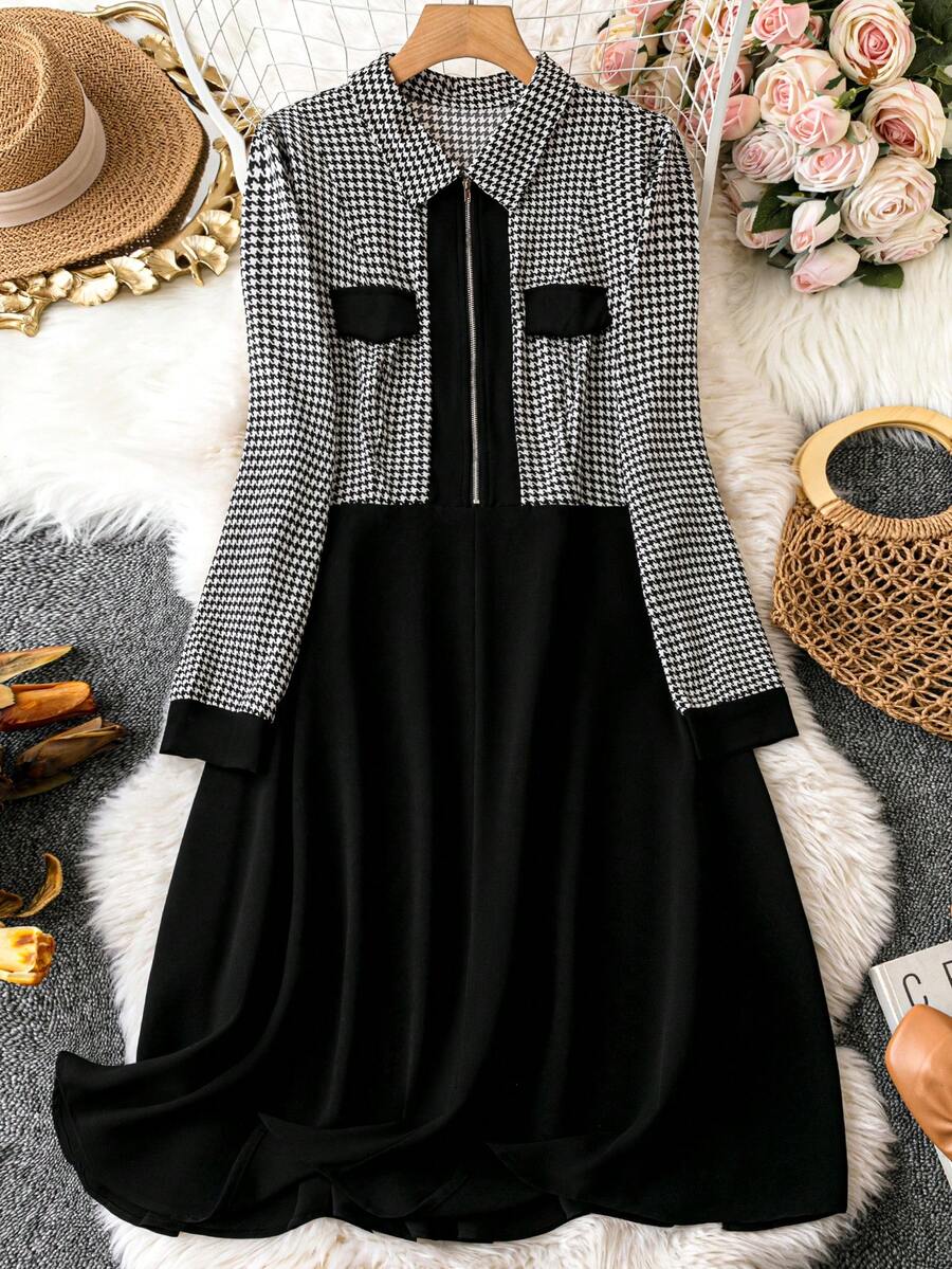 SHEIN LUNE Của phụ nữ Kích thước lớn Đồ họa Houndstooth Dây kéo mặt trước Váy sơ mi - Đen và trắng - Xem 1