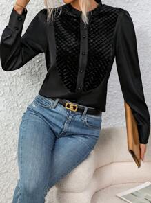 SHEIN Clasi Của phụ nữ Đen Áo sơ mi Với Ren cổ áo - màu đen - Xem 5