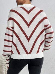 SHEIN LUNE Women's Long Sleeve Oversized V-neck Sweater With Herringbone Pattern - Multicolor - View 2