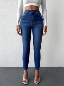 SHEIN PETITE Của phụ nữ Cao eo Thon gọn Quần jean - Rửa tối - Xem 5