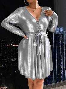 SHEIN BAE Vestido De Aspecto Metálico Con Cinturón De Talla Grande - Plateado - Ver 2