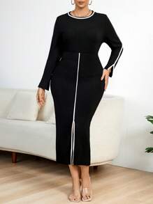 Celure 大尺碼拼接邊緣開叉下擺洋裝 - 黑色 - 查看 7