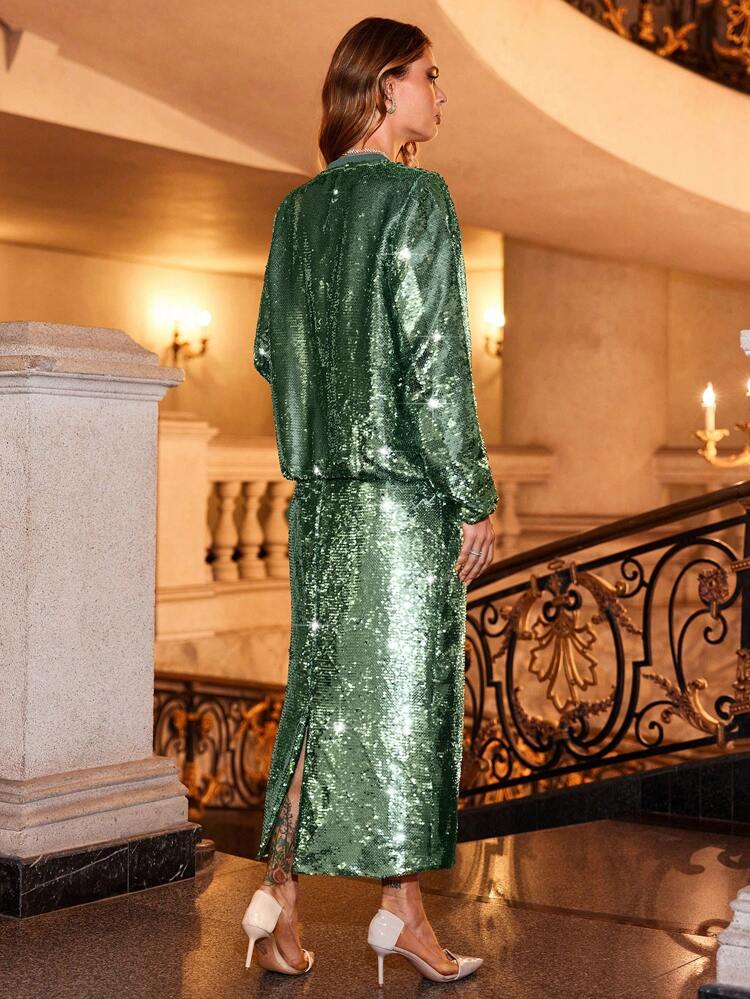 Zipper Front Sparkle Jacket And Skirt Two Piece Set Fall Cloth For Women