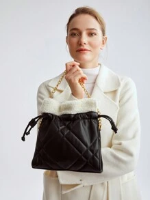 MOTF PREMIUM Quý cô Dập nổi Khâu & Chuỗi Dây đeo Túi xách tay - màu đen - Xem 4